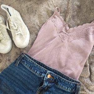 Victoria's Secret PINK - Ribbed Lace Cami Thong Bodysuit - Small - Lilac